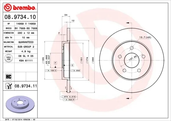 Disco de freno trasero 08973410 Brembo