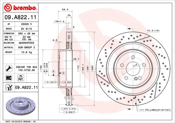 Disco de freno trasero 09A82211 Brembo
