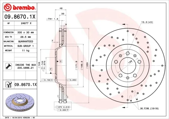 Disco de freno 0986701X Brembo