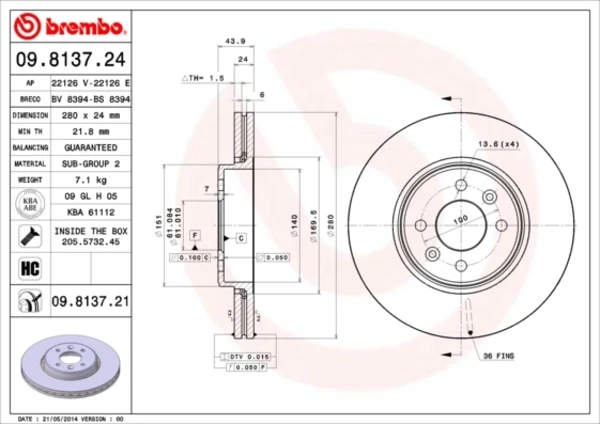 09.8137.21 Brembo freno de disco delantero
