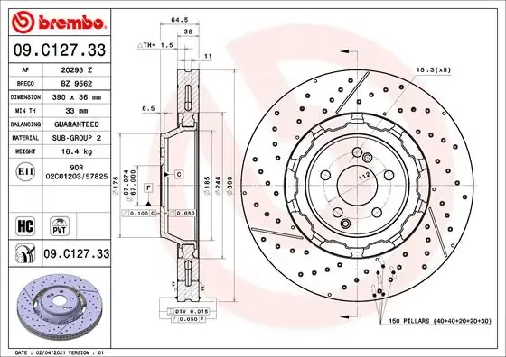 Disco de freno 09C12733 Brembo