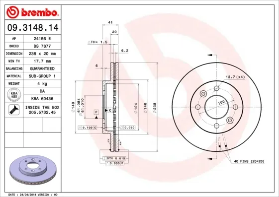 Disco de freno 09314814 Brembo