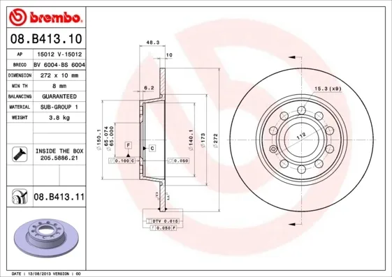 Disco de freno trasero 08B41311 Brembo
