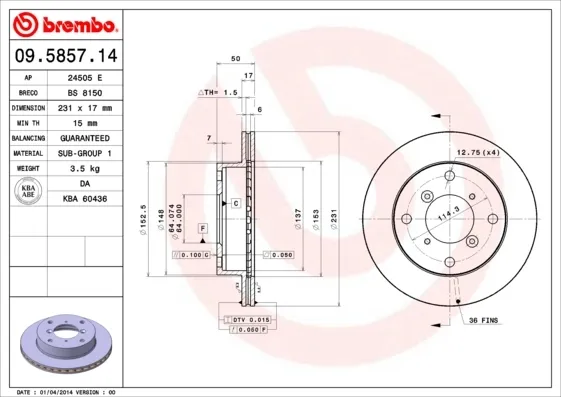 Disco de freno 09585714 Brembo