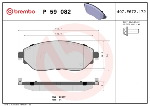 Brembo P 59 088 Pastiglie Freno Anteriori – Conforme ECE-R90, Con Indicatore Usura, Per Sistemi TRW