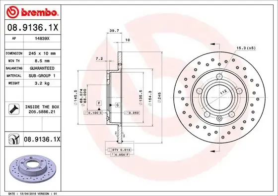 Disco de freno trasero 0891361X Brembo