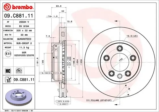 Disco de freno 09C88111 Brembo