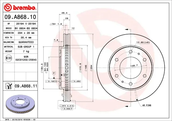 Disco de freno 09A86811 Brembo