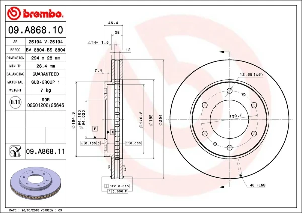 09.A868.11 Brembo freno de disco delantero