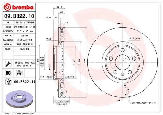Disco de freno 09B82211 Brembo