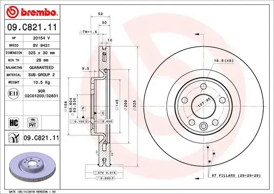 Disco de freno 09C82111 Brembo