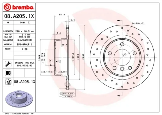 Disco de freno trasero 08A2051X Brembo