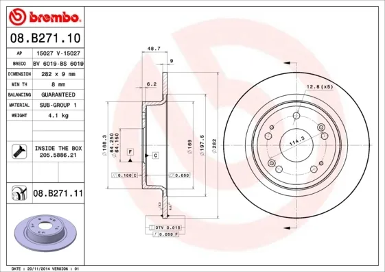 Disco de freno trasero 08B27111 Brembo