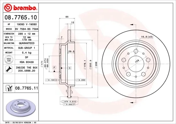 Disco de freno trasero 08776510 Brembo