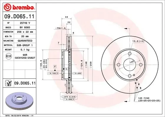 Disco de freno 09D06511 Brembo