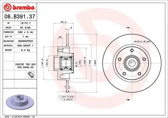 Disco de freno trasero 08B39137 Brembo