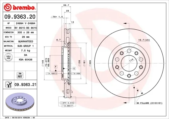 Disco de freno 09936321 Brembo