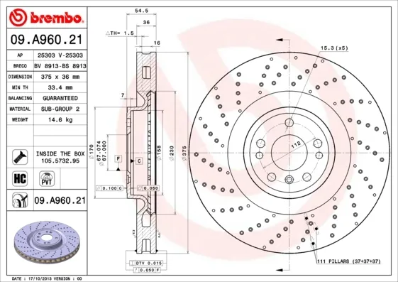 Disco de freno 09A96021 Brembo