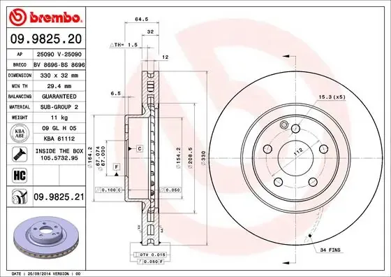 Disco de freno 09982521 Brembo