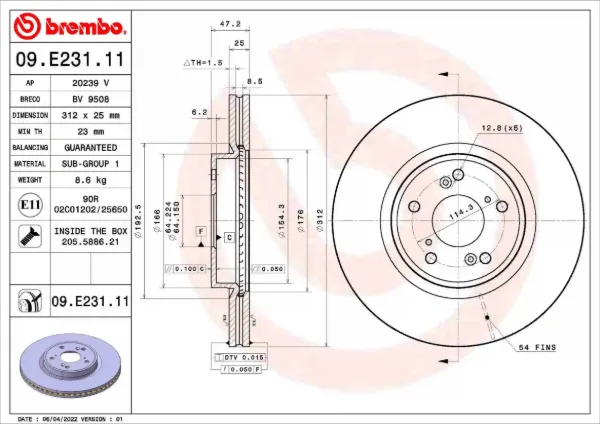 Disco de freno 09E23111 Brembo