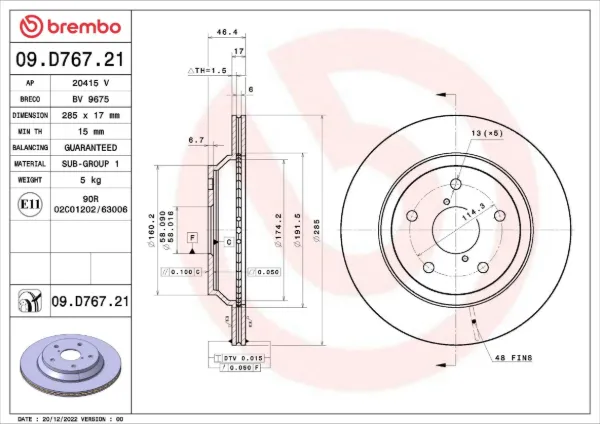 Disco de freno trasero 09D76721 Brembo