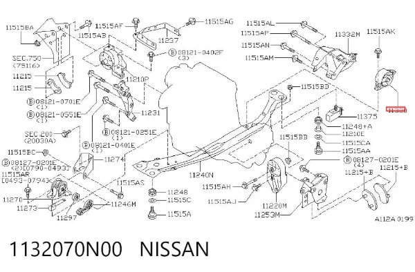 Soporte de motor trasero 1132070N00 Nissan/Infiniti