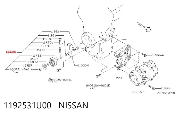 Polea tensora correa poli V 1192531U00 Nissan/Infiniti