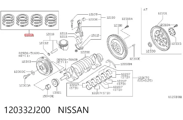 Juego de anillos de pistón, motor, STD 120332J200 Nissan/Infiniti
