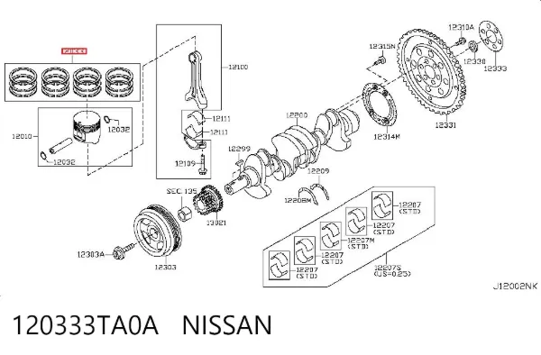 Juego de anillos de pistón, motor, STD 120333TA0A Nissan/Infiniti