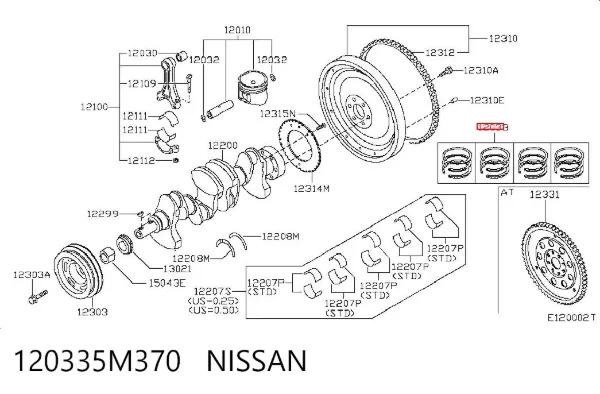 Juego de anillos de pistón, motor, STD 120335M370 Nissan/Infiniti
