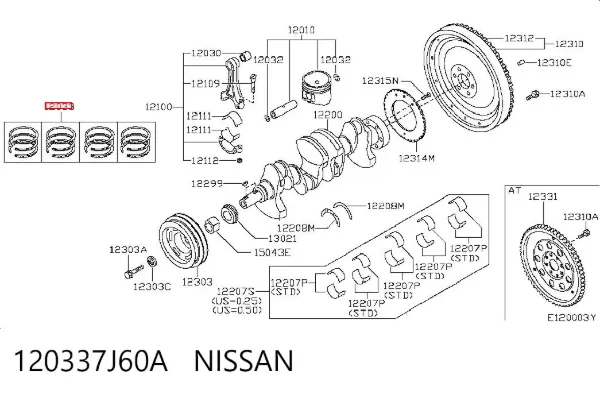 Juego de anillos de pistón, motor, STD 120337J60A Nissan/Infiniti