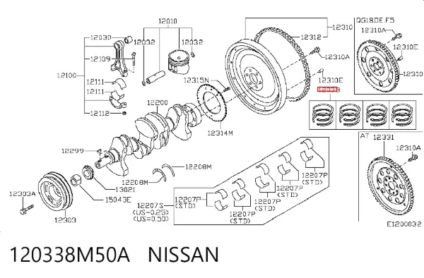 Juego de anillos de pistón, motor, STD 120338M50A Nissan/Infiniti