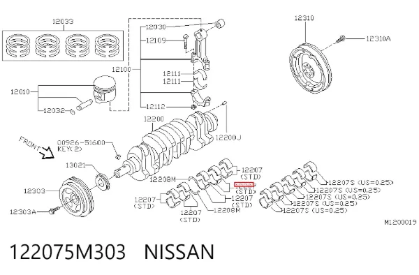 Juego de cojinetes de cigüeñal, estándar, STD 122075M303 Nissan/Infiniti