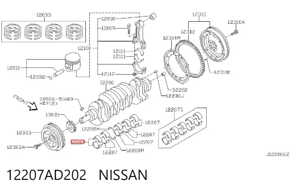 Juego de cojinetes de cigüeñal, estándar, STD 12207AD202 Nissan/Infiniti