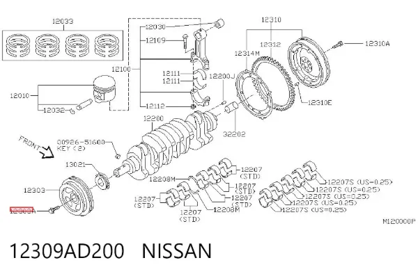 Perno de la polea del cigüeñal 12309AD200 Nissan/Infiniti