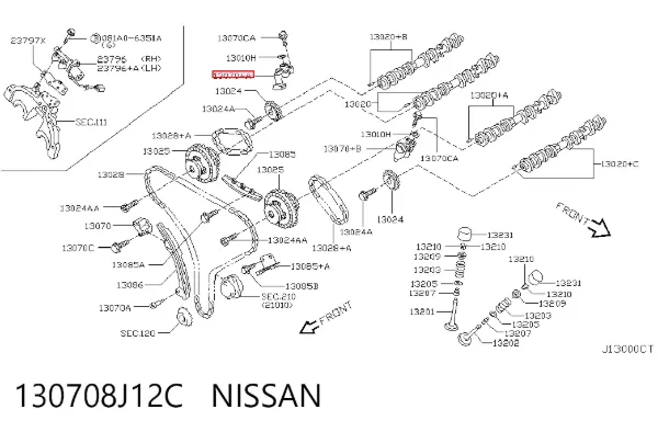 Tensor derecho de cadena de distribución 130708J12C Nissan/Infiniti