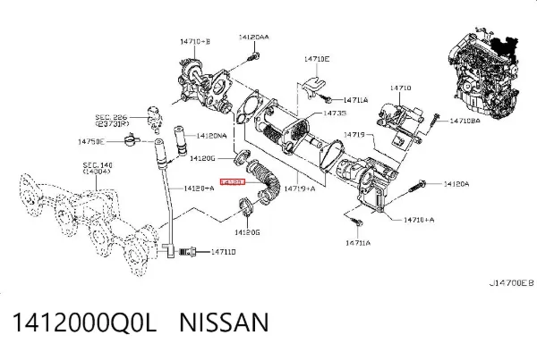 Tubo del sistema de recirculación de gases de escape EGR 1412000Q0L Nissan/Infiniti