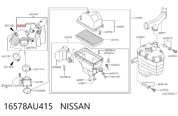 Manguito de aire del medidor de masa de aire 16578AU415 Nissan/Infiniti