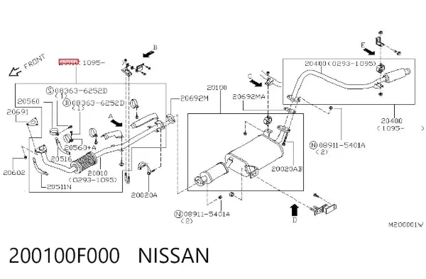 Tubo de admisión del silenciador de escape delantero 200100F000 Nissan/Infiniti