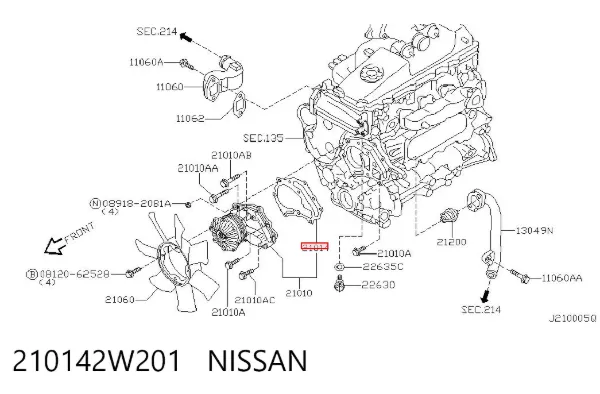 Junta de bomba de agua 210142W201 Nissan/Infiniti
