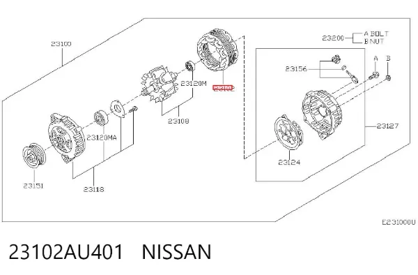 Estátor del alternador 23102AU401 Nissan/Infiniti