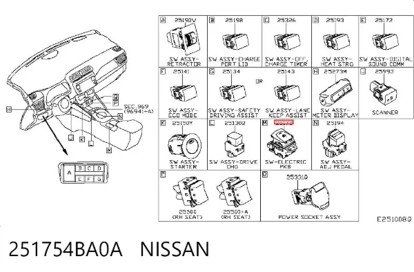 Interruptor del freno de estacionamiento electromecánico 251754BA0A Nissan/Infiniti