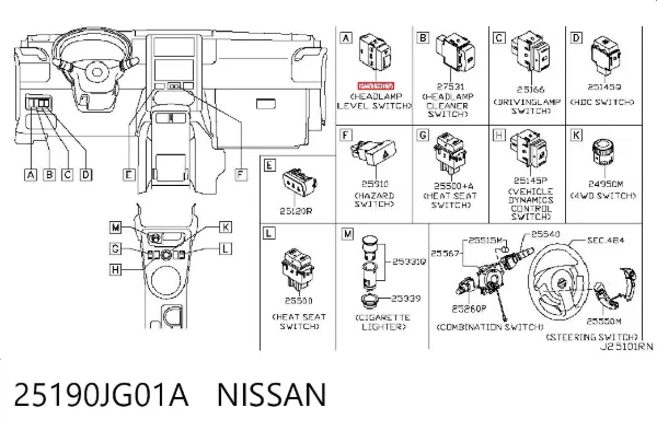 Botón del regulador de altura de faros 25190JG01A Nissan/Infiniti