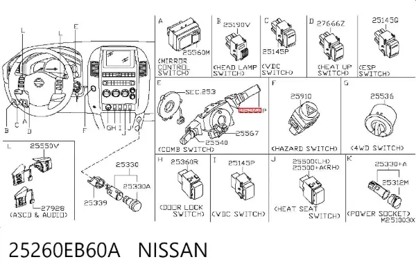 Conmutador derecho de la columna de dirección 25260EB60A Nissan/Infiniti