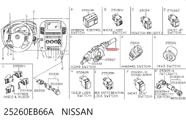 Conmutador derecho de la columna de dirección 25260EB66A Nissan/Infiniti
