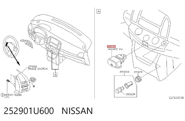 Boton de luz de emergencía 252901U600 Nissan/Infiniti