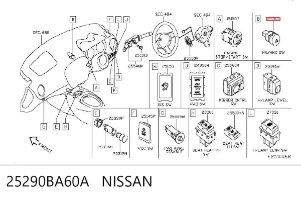 Boton de luz de emergencía 25290BA60A Nissan/Infiniti