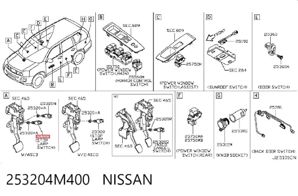 Interruptor de luz de freno 253204M400 Nissan/Infiniti