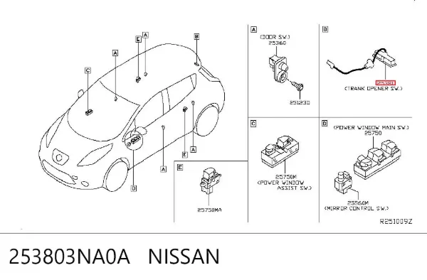 Botón de accionamiento del cierre de la tapa del maletero (puerta trasera 3/5) 253803NA0A Nissan/Infiniti