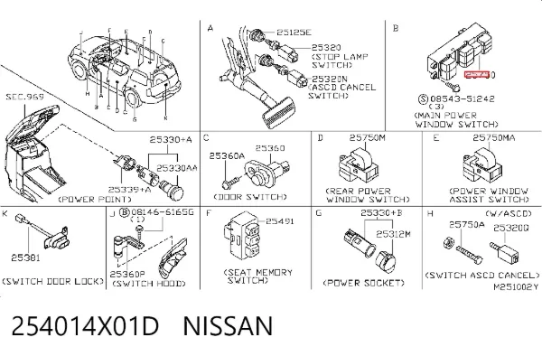 Interruptor de elevalunas delantera izquierda 254014X01D Nissan/Infiniti